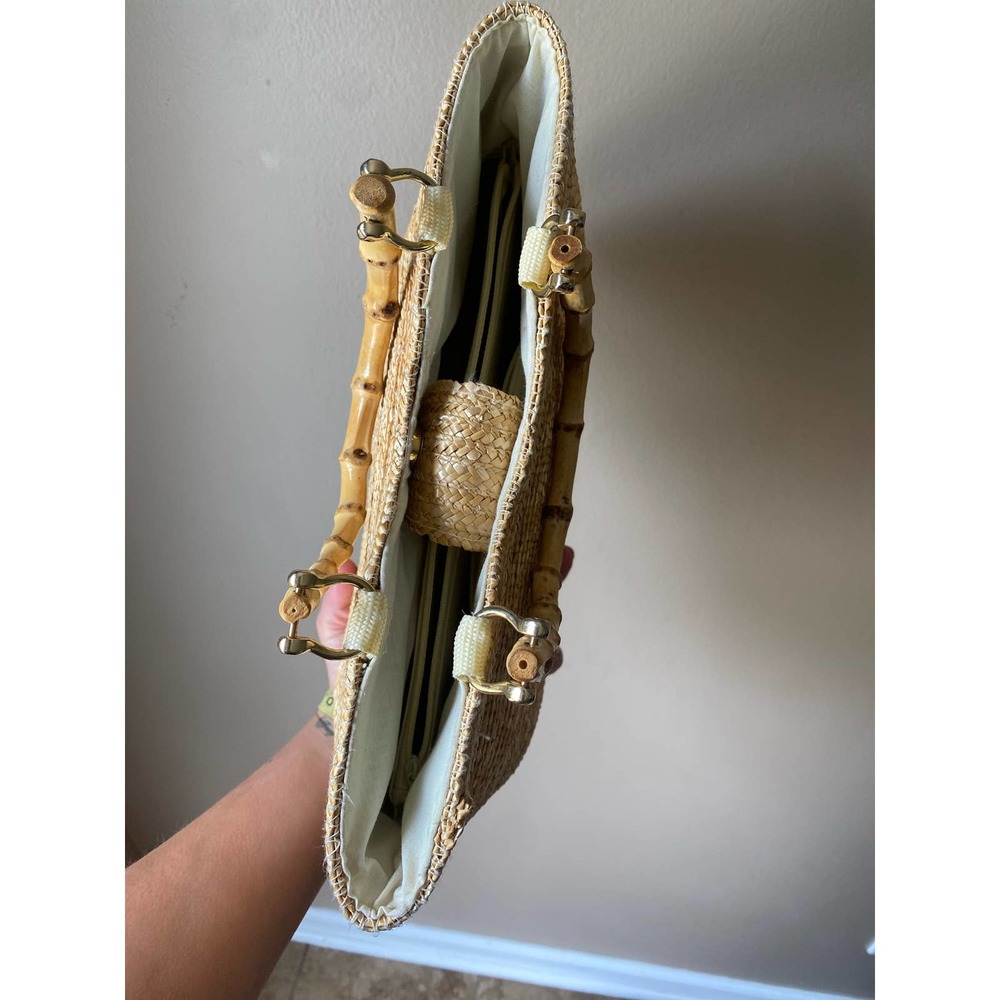 Vintage Natural Straw Tote with Bamboo Handles - Picture 4 of 5
